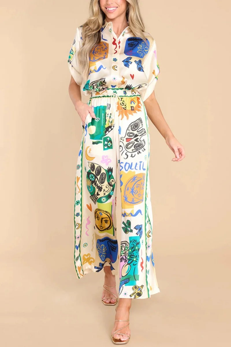 Mathilde | Elégant ensemble blouse et pantalon large en satin imprimé