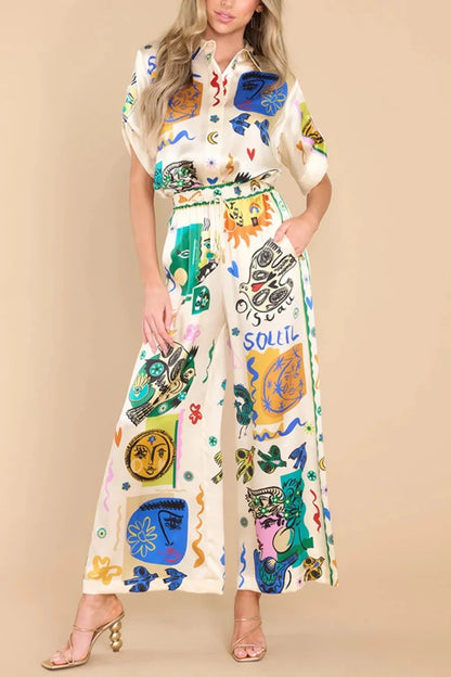 Mathilde | Elégant ensemble blouse et pantalon large en satin imprimé