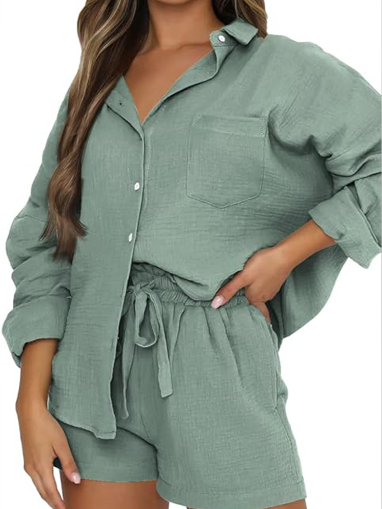 Ameline | Ensemble décontracté chemise à col et short à cordon de serrage