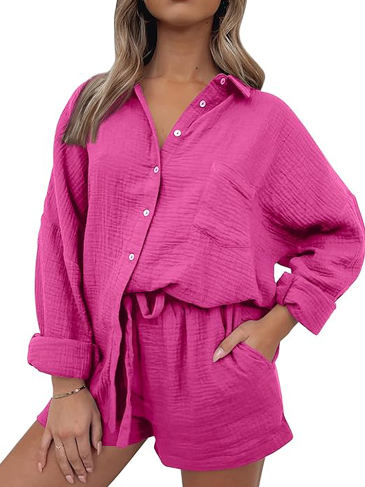 Ameline | Ensemble décontracté chemise à col et short à cordon de serrage