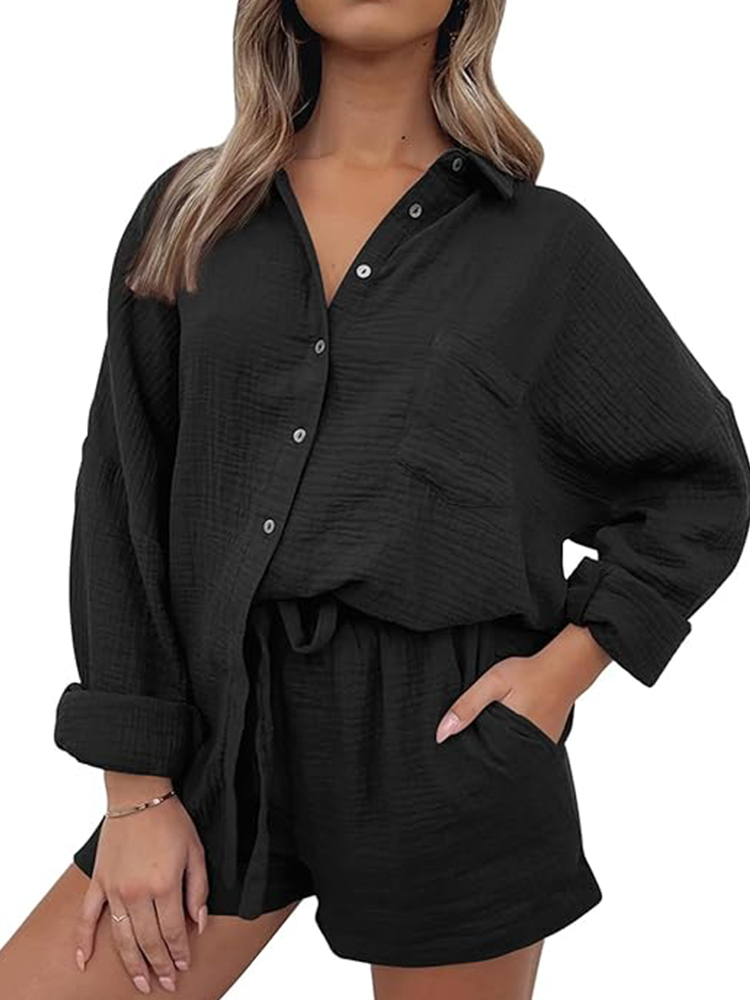 Ameline | Ensemble décontracté chemise à col et short à cordon de serrage