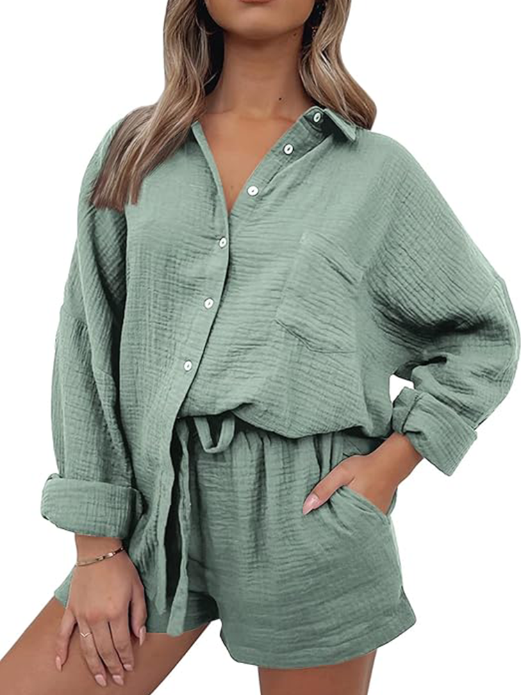 Ameline | Ensemble décontracté chemise à col et short à cordon de serrage