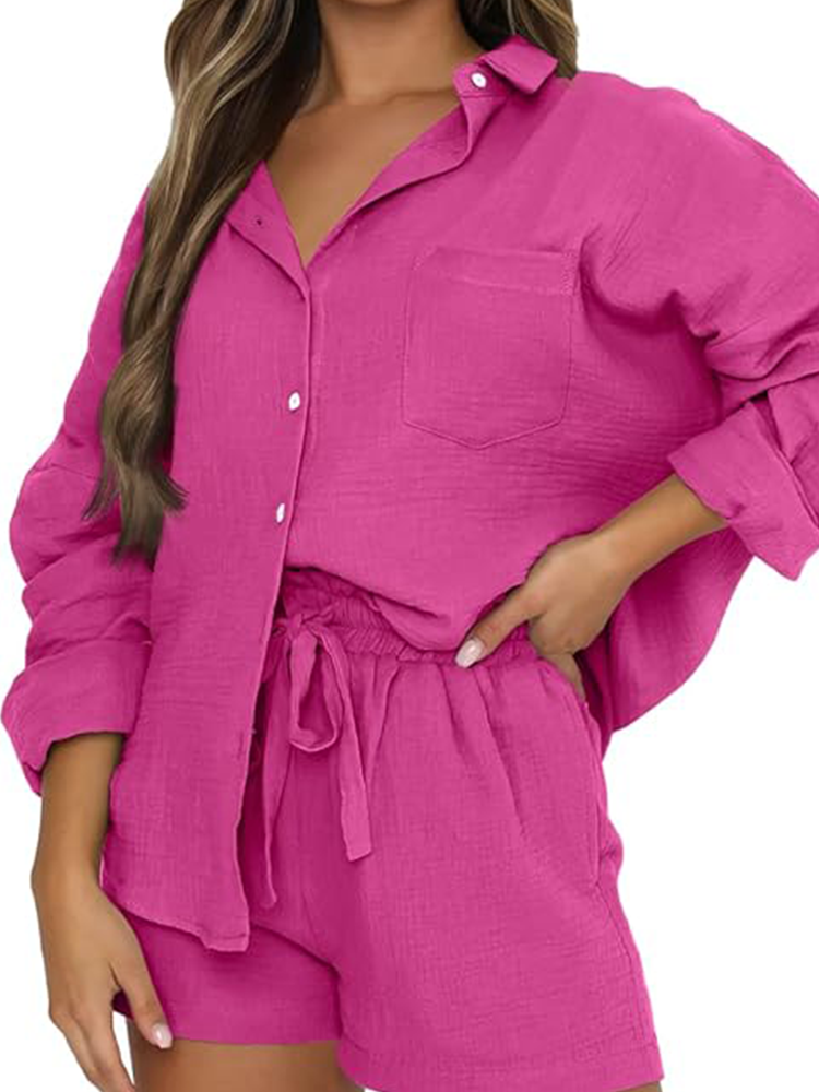 Ameline | Ensemble décontracté chemise à col et short à cordon de serrage